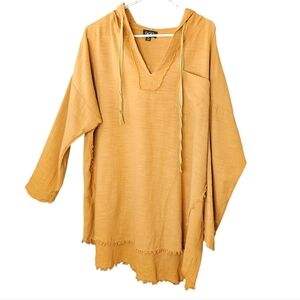 GIGiO Oversized Raw Hem  Pocket Lagenlook Drawstring Hooded Gold Tunic Size M